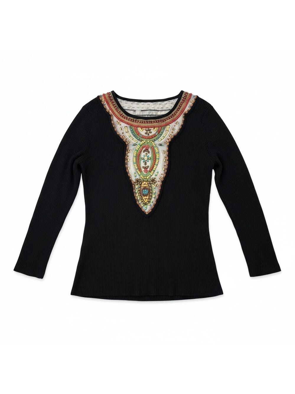 Berek Black Ribbed Knit Beaded Top Medium EUC
